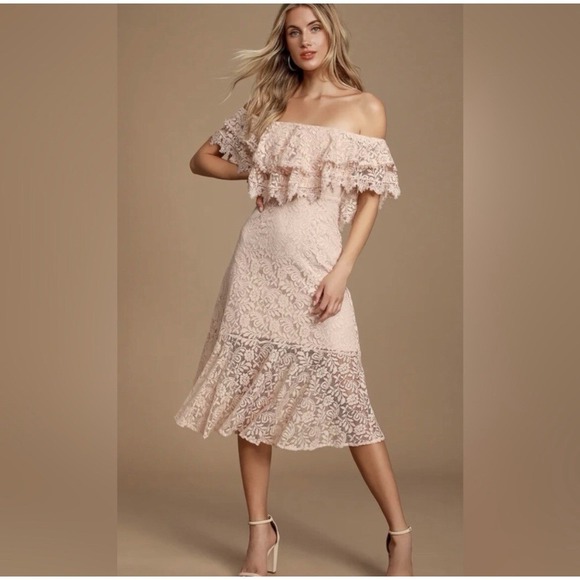 Lulus Jaclyn Blush Pink Lace Off-the-Shoulder Midi Dress Lined Size‎ Small - Picture 1 of 9